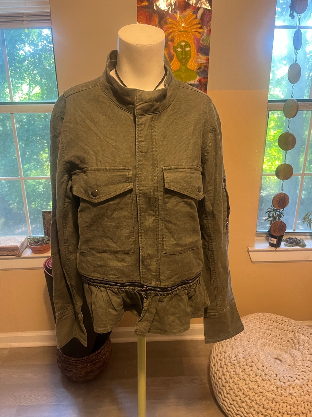 Olive Green Military-Style Cotton Jacket - Woman
